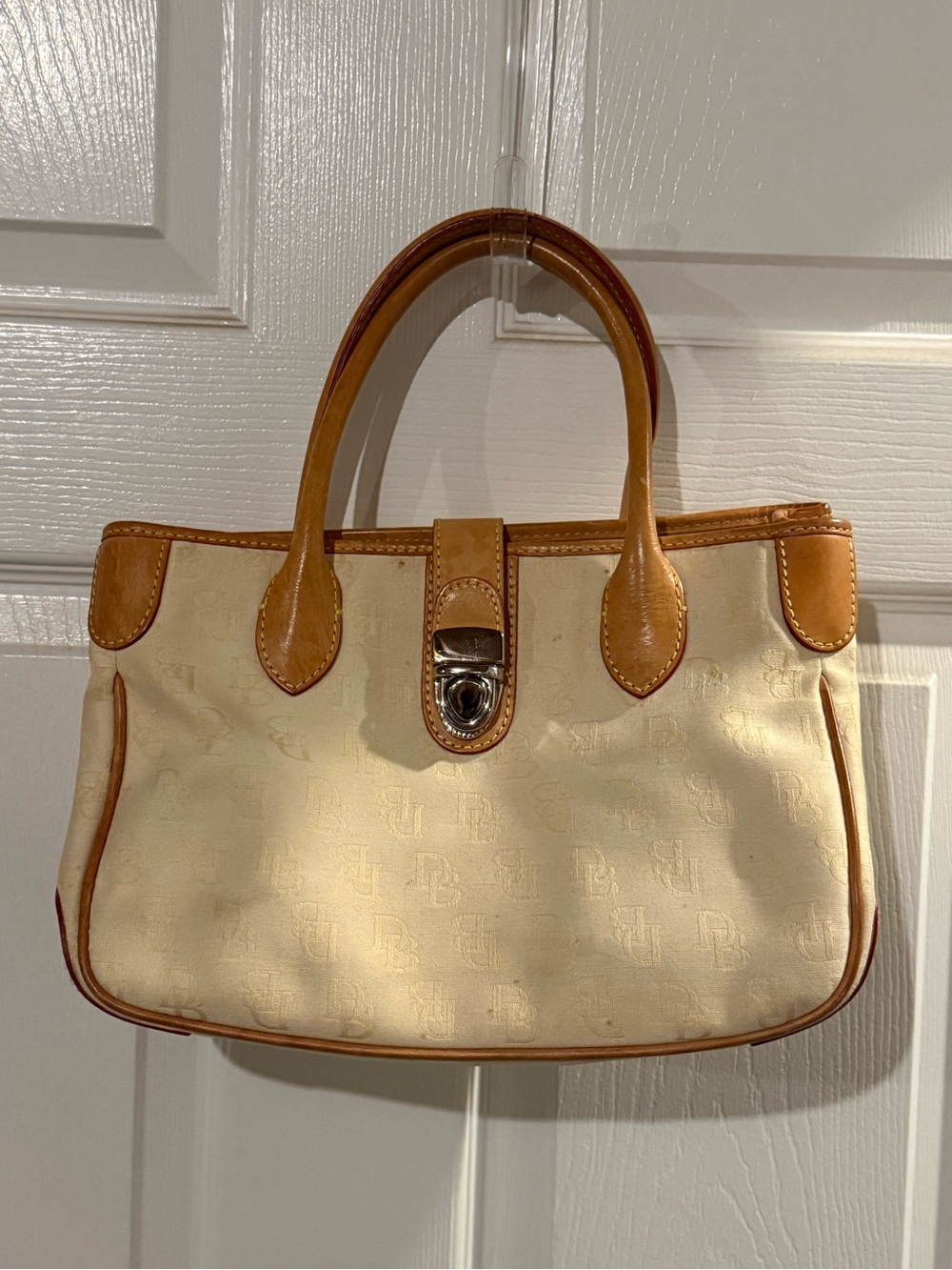 Dooney & Bourke Cream DB print Canvas Bag with Tan Leather Trim